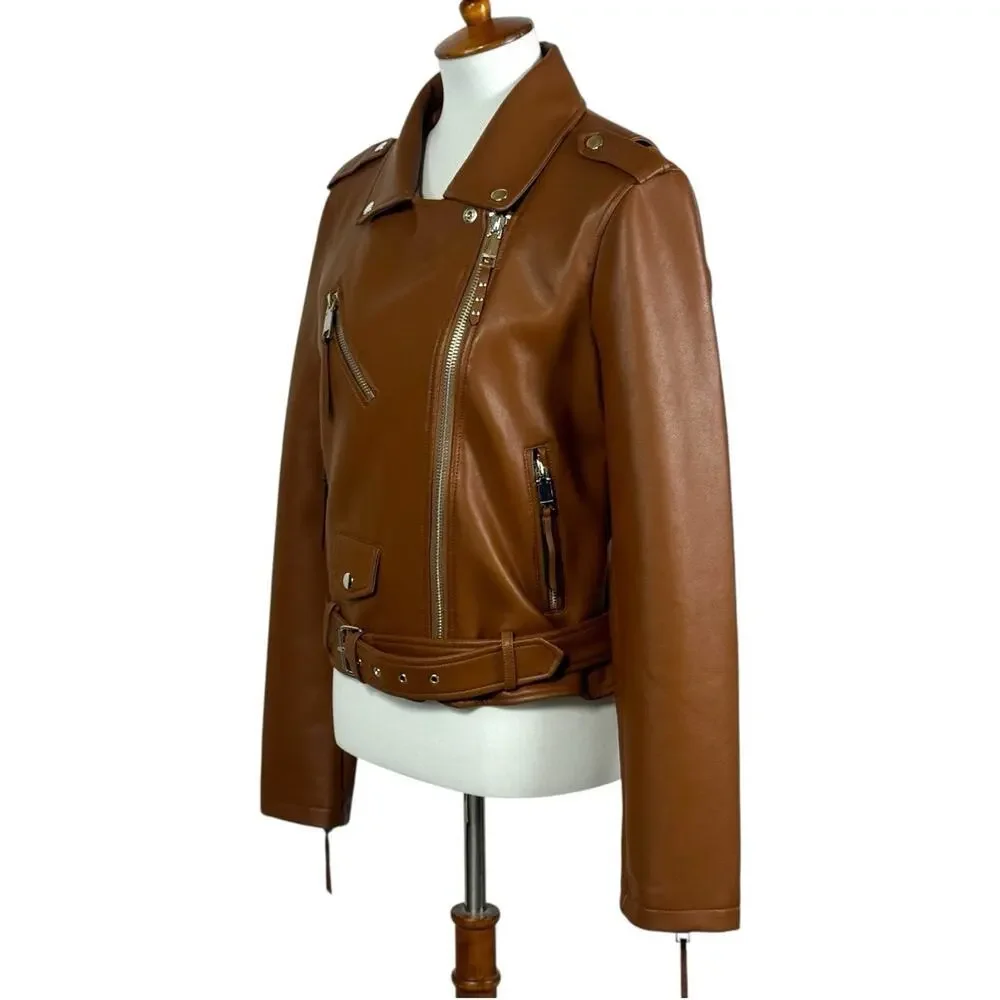 Rebecca Minkoff Women’s Brown Jeff Moto Vegan Leather Jacket Medium